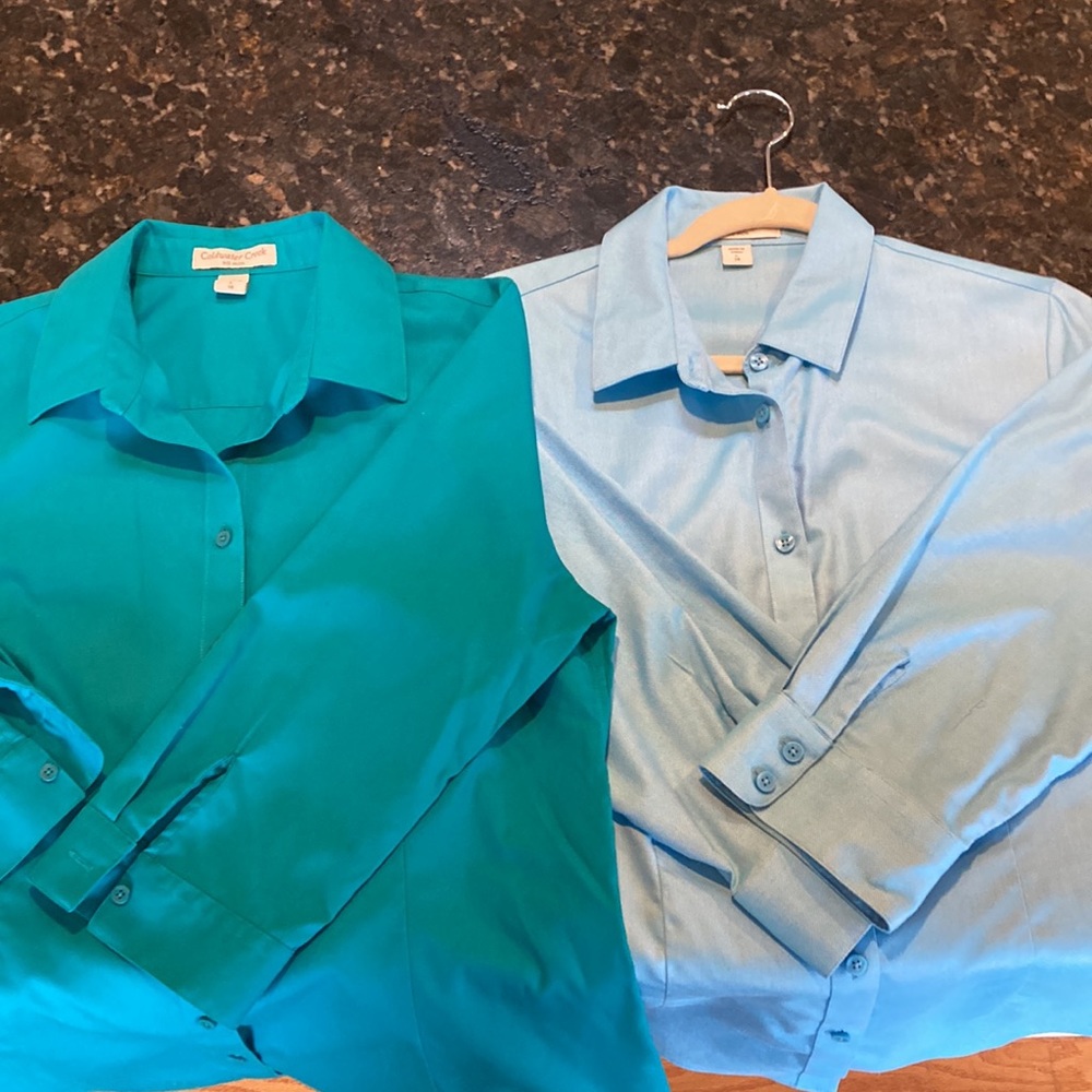 Set of TWO Coldwater Creek 3/4 sleeve no-iron shirts.  Both size 14